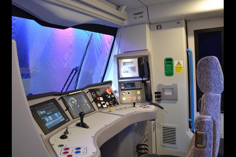 Mock-up of cab of Siemens Desiro City Class 700 train for Thameslink services.